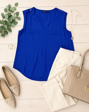 APT. 9 Royal Blue Sleeveless V-Neck Blouse L Career Office Pocket Top